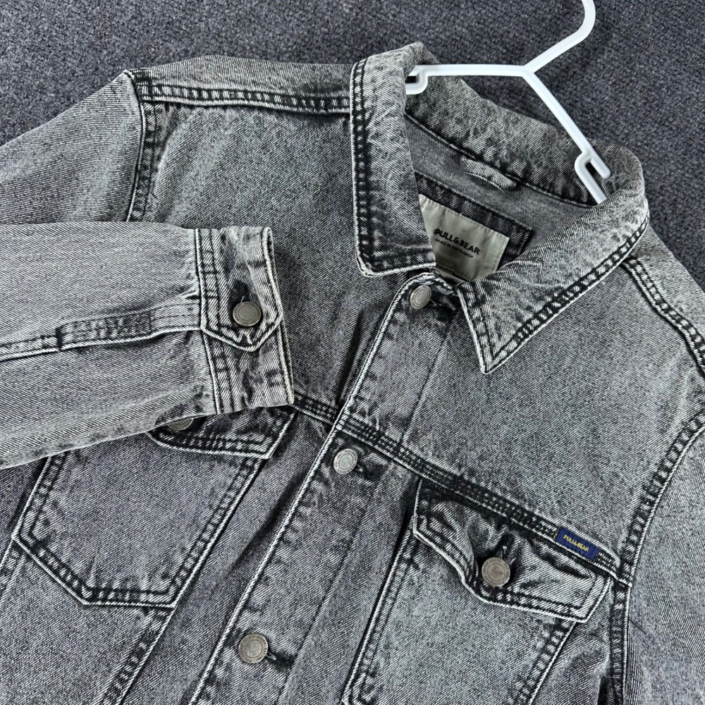 Pull&Bear Denim Jacket Mens L Large Grey Acid Wash Cotton Trucker Button Up